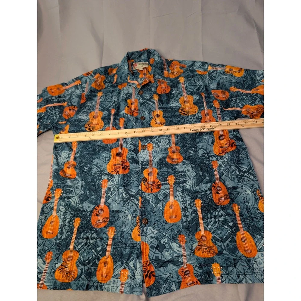Hilo‎ Hattie Hawaiian Shirt Mens M Blue Orange Ukulele Made in Hawaii 100%Cotton